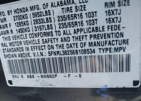 2006 Honda Odyssey Lx from USA, damaged, VIN 5FNRL38256B108534